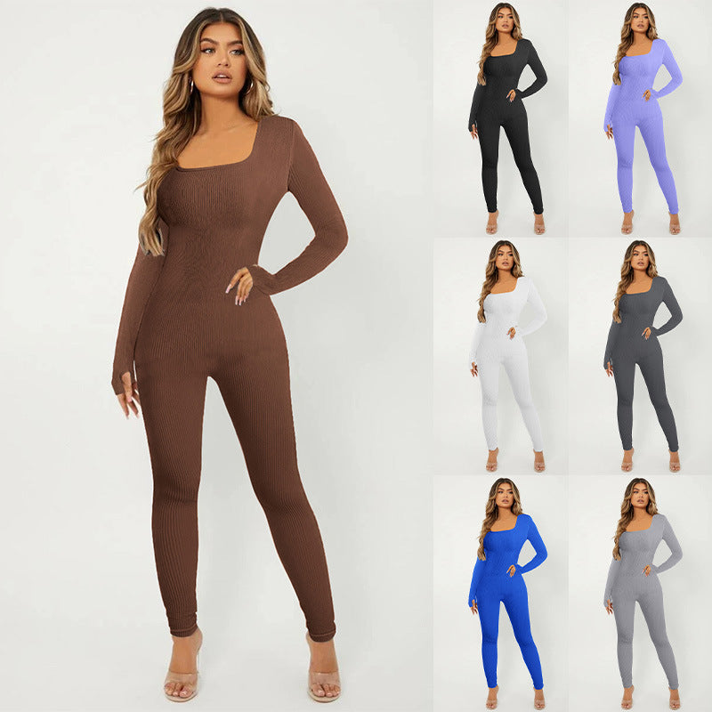 Damen Rippstrick Skinny Jumpsuit mit Quadratischem Ausschnitt, Langen Ärmeln und Daumenloch – Solévia