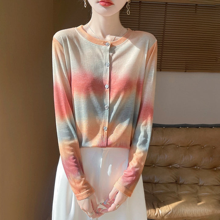 Damen Leichter Aquarell‑Print Feinstrick‑Cardigan mit Rundhalsausschnitt und Knopfleiste Echoarchiv