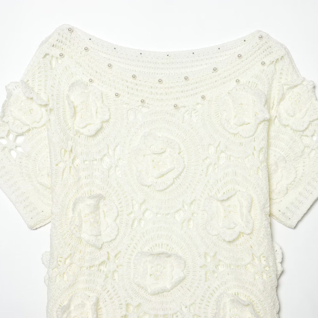 Damen Spitze T-Shirt mit luxuriöser Blumenstickerei und dekorativen Perlen Echo Archiv