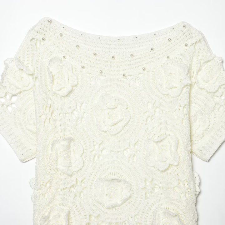 Damen Spitze T-Shirt mit luxuriöser Blumenstickerei und dekorativen Perlen Echo Archiv