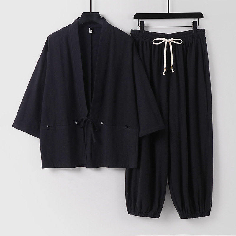 Unisex Lockeres Kimono-Loungewear-Set aus atmungsaktivem Baumwollmix mit Kordelbund und gerafften Knöcheln Echoarchiv