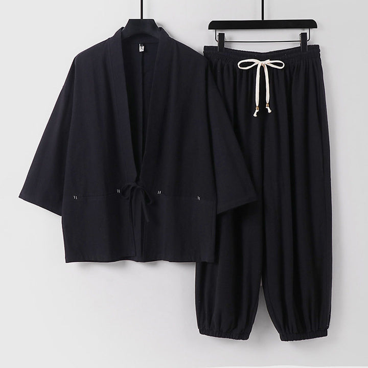 Unisex Lockeres Kimono-Loungewear-Set aus atmungsaktivem Baumwollmix mit Kordelbund und gerafften Knöcheln Echoarchiv
