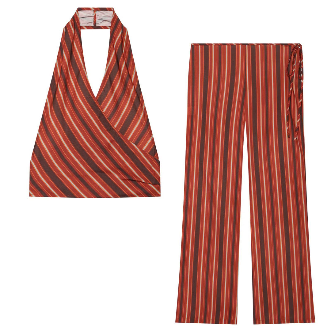Damen Weite Highwaist-Hose mit vertikalen Streifen und seitlicher Bindeschlaufe Echo Archiv