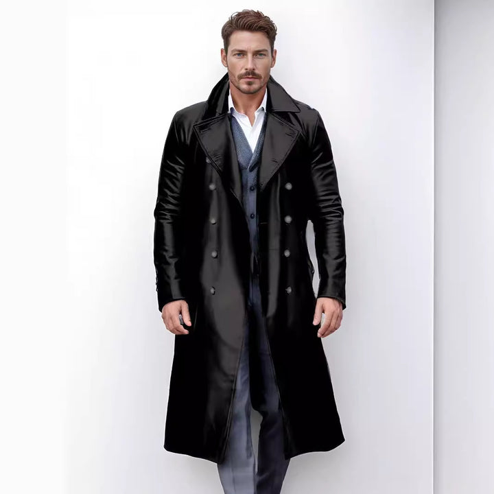 Herren Eleganter Kunstleder-Trenchcoat mit doppelt geknöpftem Design Echoarchiv