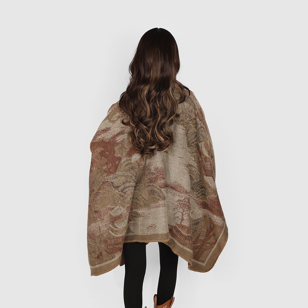 Damen Jacquard‑Strickcape mit floraler Grafik und asymmetrischem Saum Echo Archiv