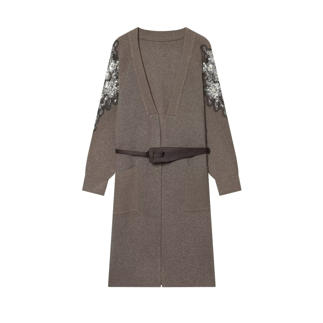 Damen Lange Strickmantel-Cardigan mit Taillengürtel und Paillettenbesatz Echo Archiv