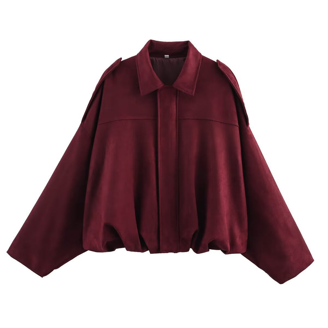 Damen Cropped Boxy Wildleder-Look Bomberjacke mit Epauletten-Schultern Echoarchiv