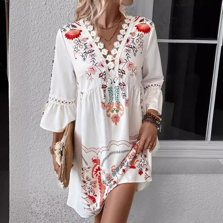 Damen Boho-Kleid mit Stickerei, Häkel-V-Ausschnitt und ausgestellter A-Linie Echo Archiv