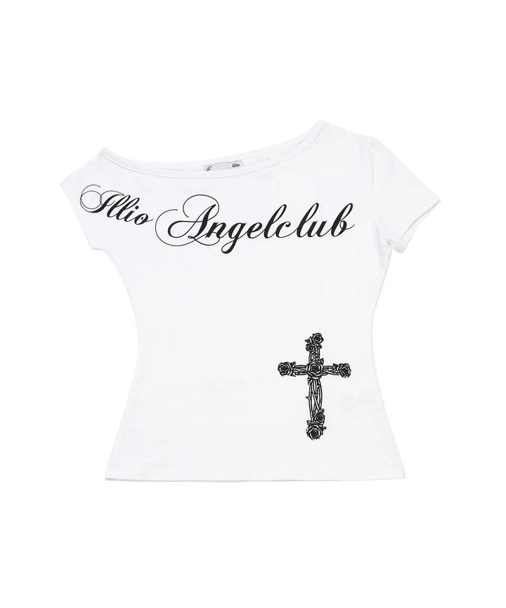 Damen Off-Shoulder T-Shirt mit Kreuzmotiv Echo Archiv