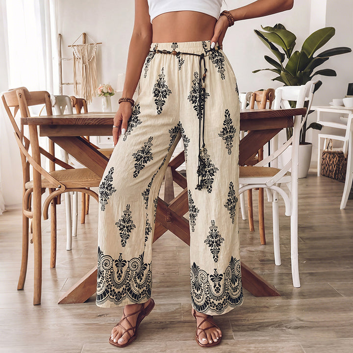 Damen Leichte Boho-Haremshose mit elastischem Bund, Tassel-Kordel und orientalischem Druck – Avélisse
