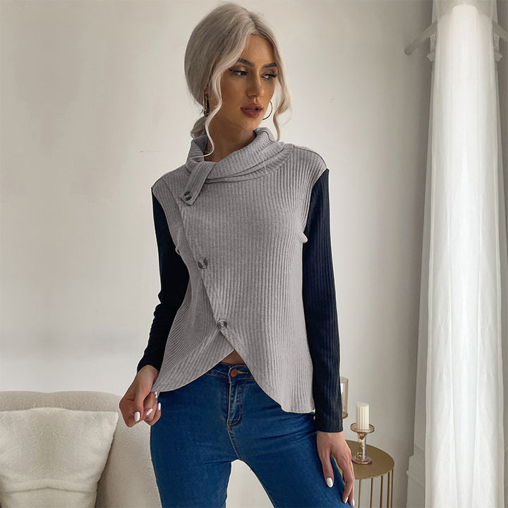 Damen Asymmetrisches Rippenstrick-Layering-Top mit Rollkragen und Zierknopfleiste Echoarchiv