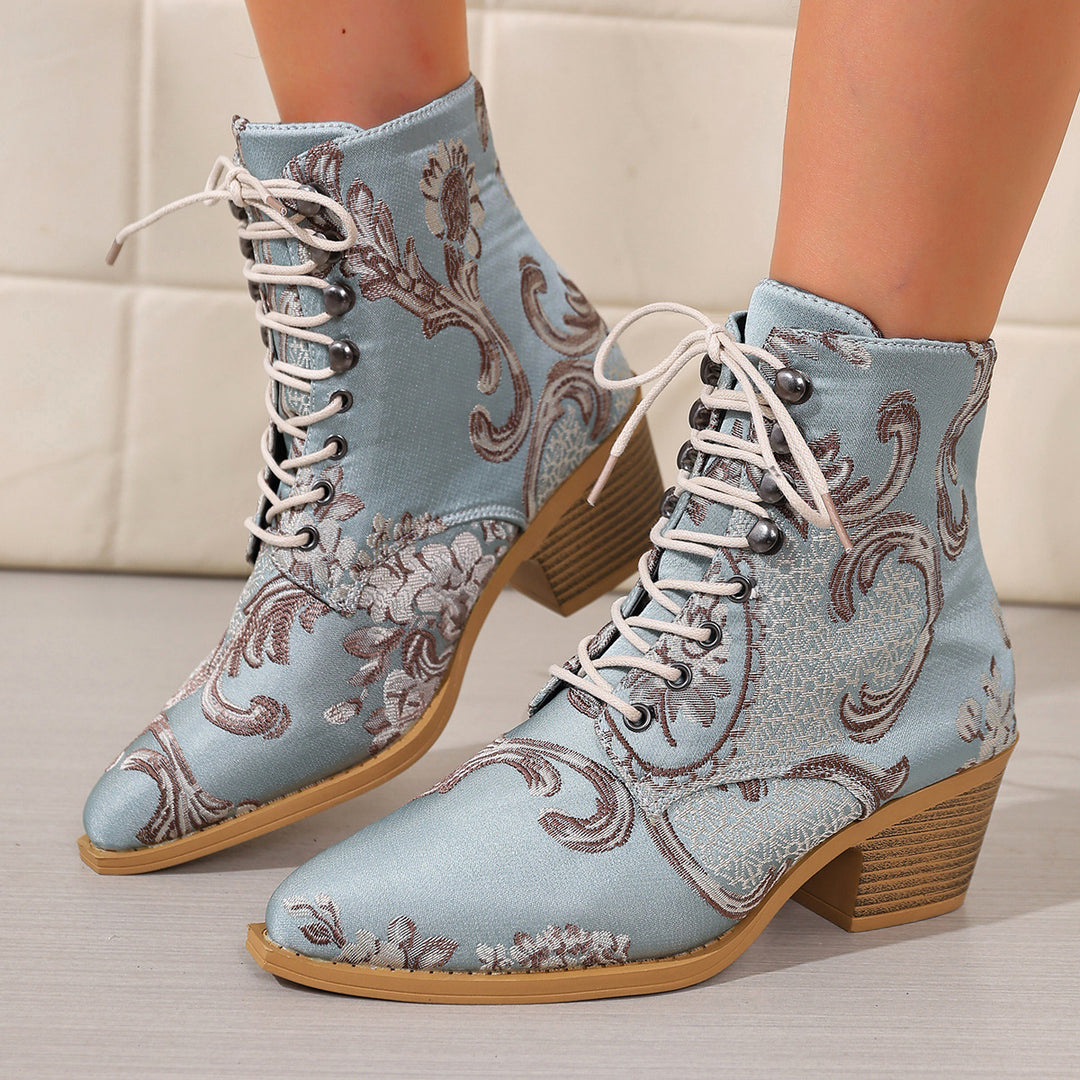 Damen bestickte Schnür-Stiefelette mit Jacquard-Brokatmuster und niedrigem Blockabsatz Echo Archiv