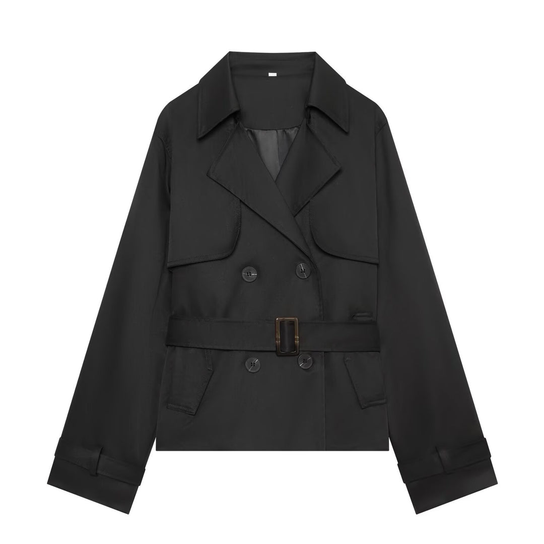 Damen Kurzer Cropped-Trenchcoat mit doppelreihiger Knopfleiste, Taillengürtel und Schulterpatten Echoarchiv