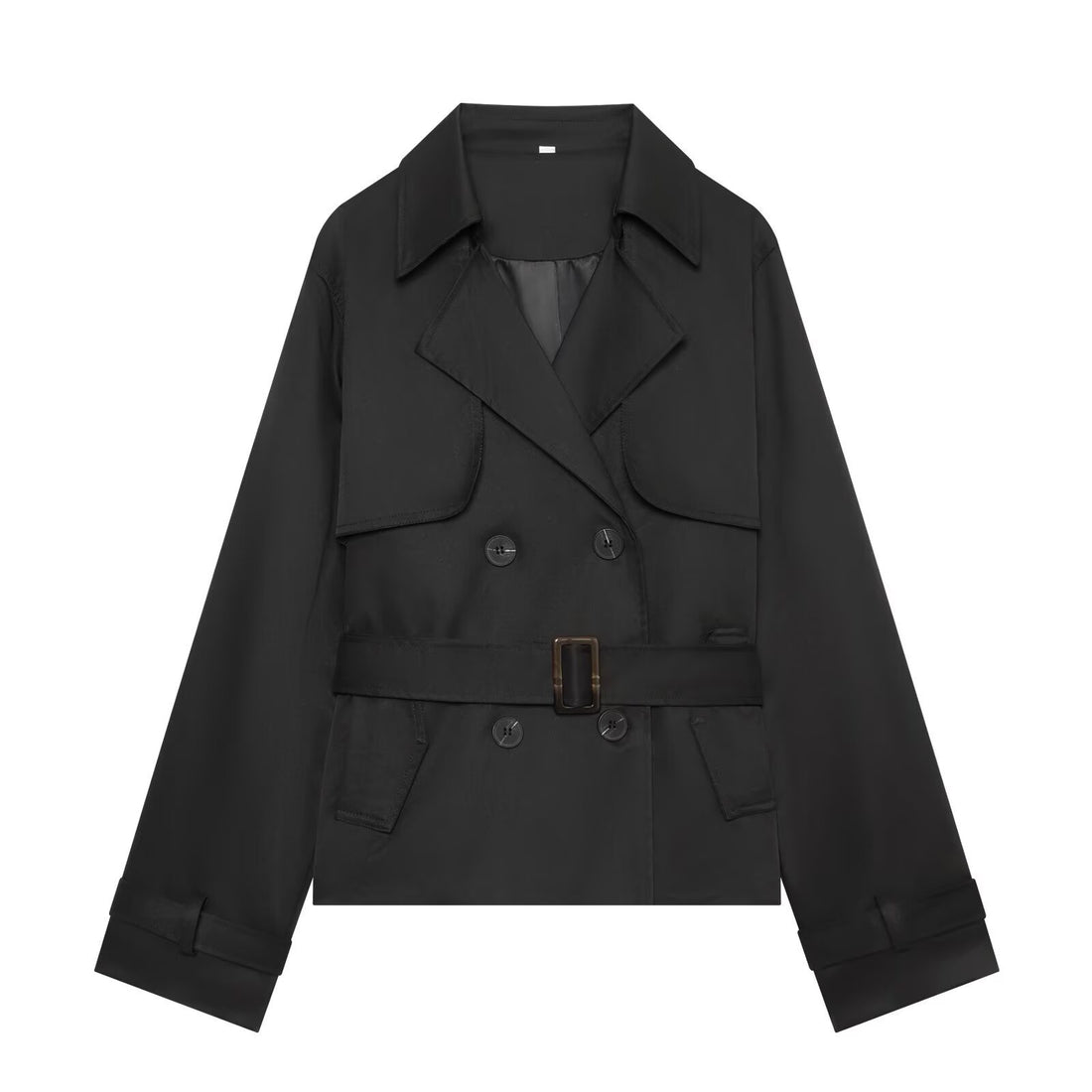 Damen Kurzer Cropped-Trenchcoat mit doppelreihiger Knopfleiste, Taillengürtel und Schulterpatten Echoarchiv