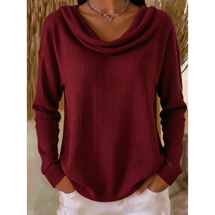 Damen Lässiger Waffelstrick-Pullover mit weitem Wasserfallkragen und gerundetem Saum Echoarchiv