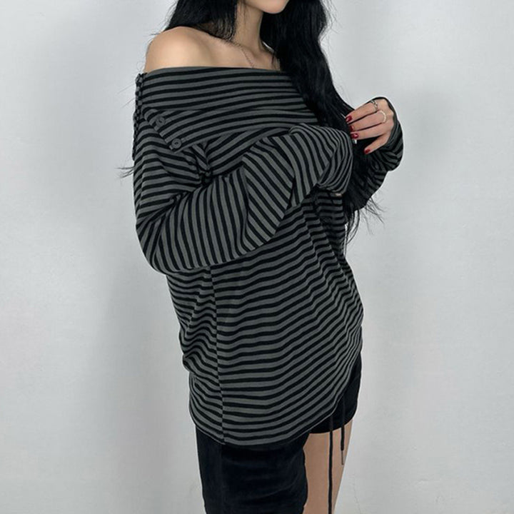 Damen nan schulterfreies Langarmshirt mit Carmen-Ausschnitt, taillierter Passform und feinem Streifenmuster Echo Archiv