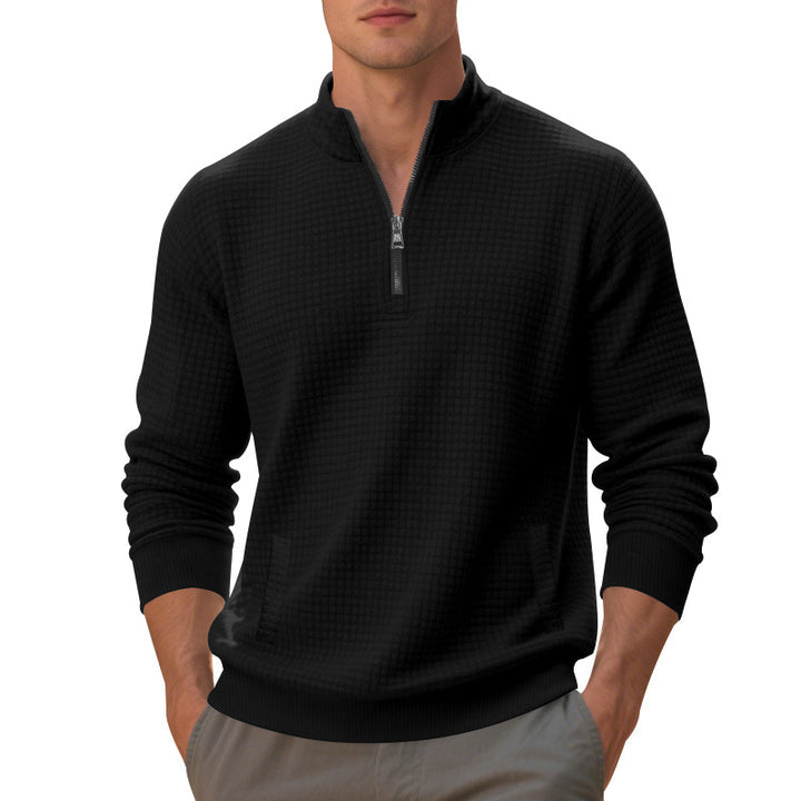 Herren Waffelstrick-Halbzip-Pullover mit Stehkragen, Kängurutasche & gerippten Abschlüssen – Cavarno