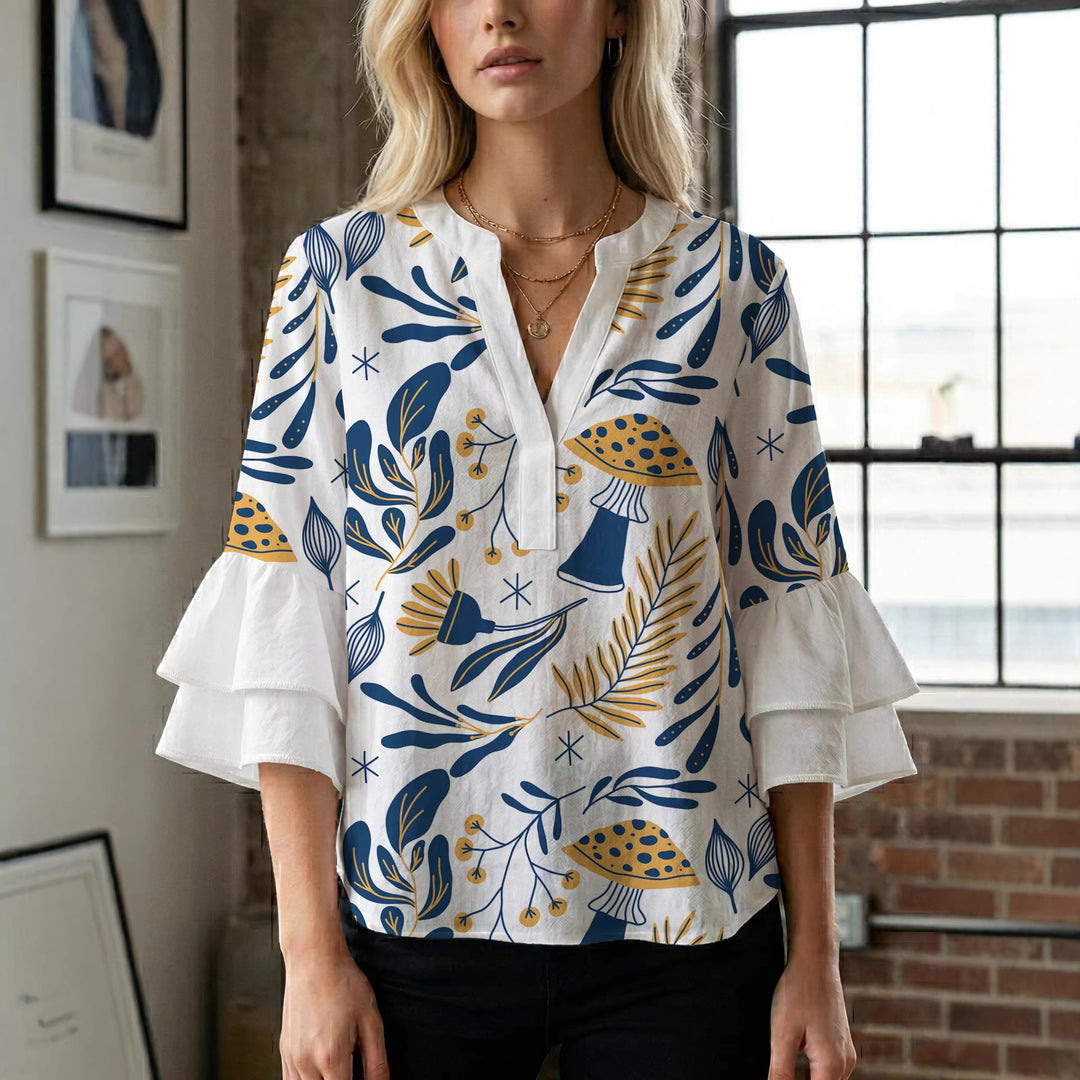 Damen Elegantes Oberteil mit voluminösen Rüchenärmeln und floralem Druck Echo Archiv