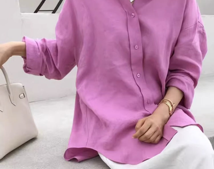 Damen Casual-Leinenbluse mit strukturierter Webung, überschnittener Schulter und krempelbaren Ärmeln – Élovi
