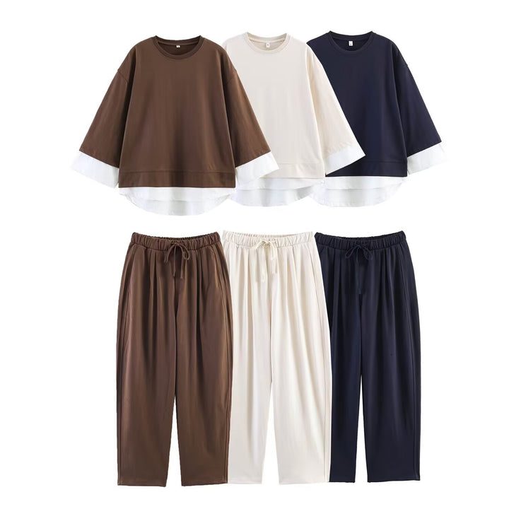 Damen Loungewear-Set aus weichem Jersey mit überlappendem Layer-Top und elastischer Highwaist-Hose Echo Archiv