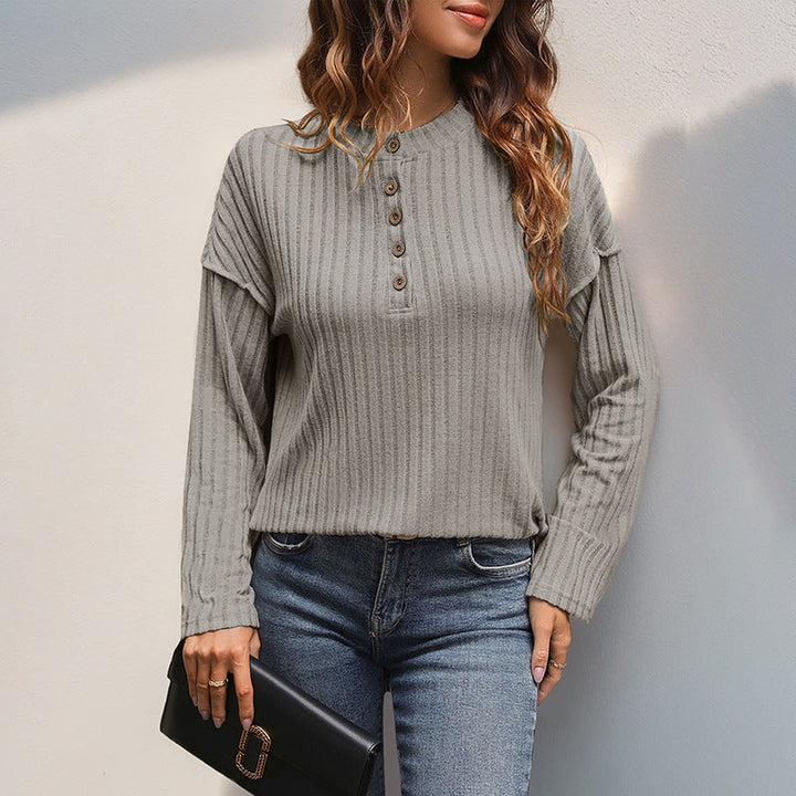 Damen Gerippter Henley-Pullover mit Knopfleiste und überschnittener Schulter Echoarchiv