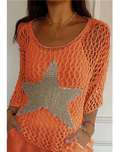 Damen nan oversized gehäkelter Pullover mit Sternapplikation und 3/4-Ärmeln Echo Archiv