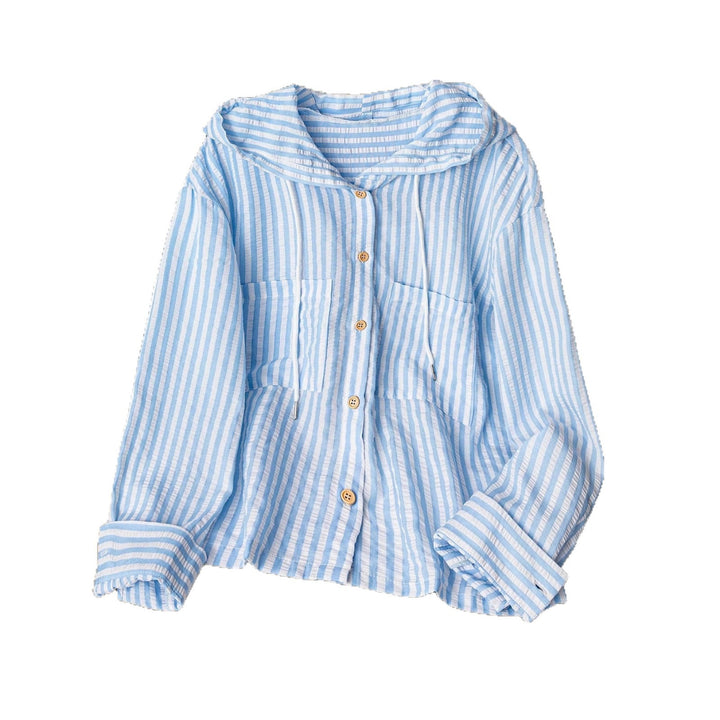 Damen Leichte gestreifte Kapuzen‑Overshirt mit Holzknöpfen und aufgesetzten Taschen – Avérine