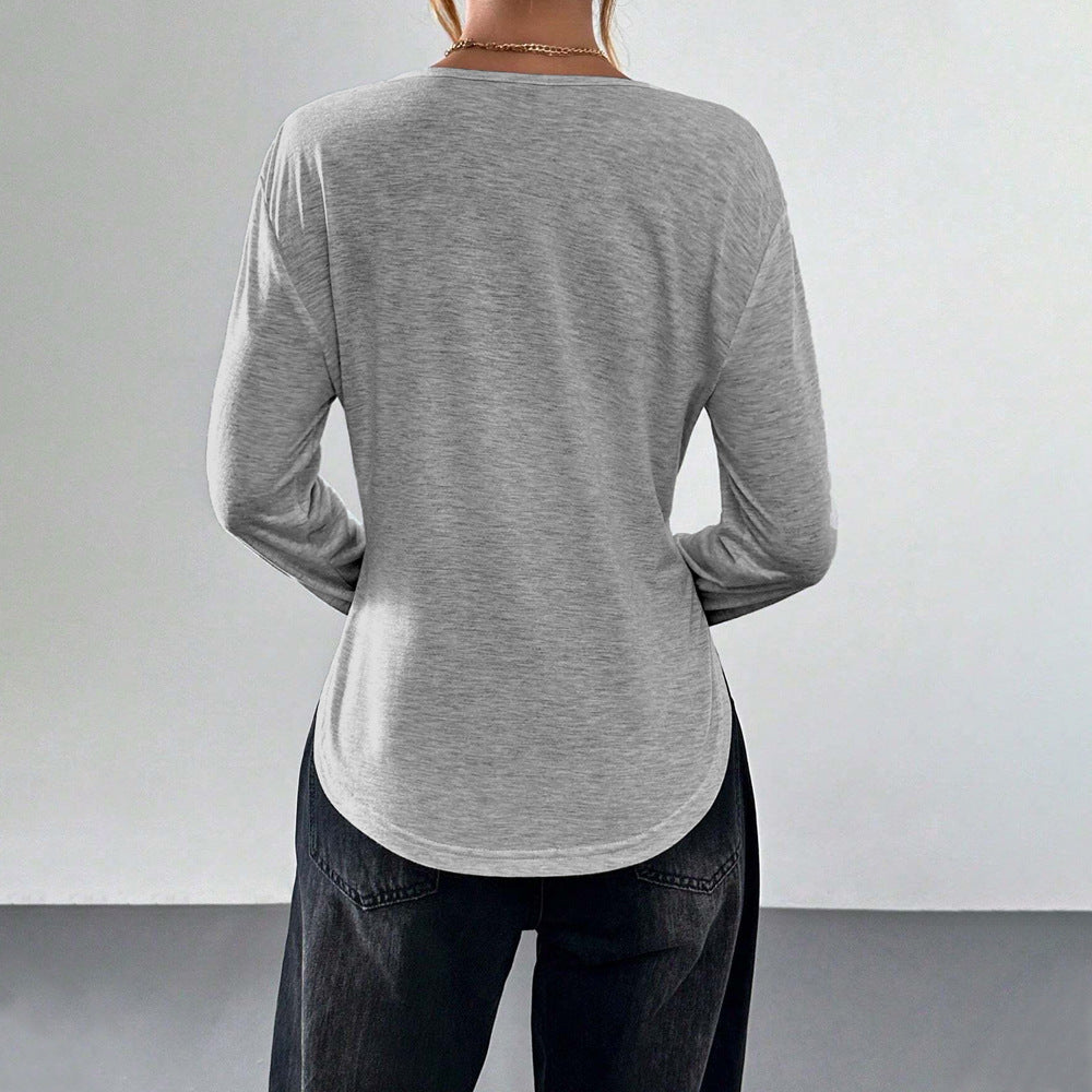 Damen legeres V-Ausschnitt Langarmshirt mit offenem Kragen, weichem Jersey und abgerundetem Saum – Avérine