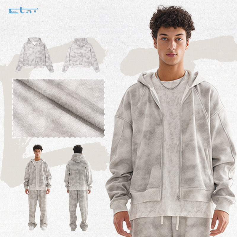 Unisex Kurz geschnittene Reißverschluss-Kapuzenjacke aus French-Terry mit Cloud-Dye-Effekt und Raglannähten Echo Archiv