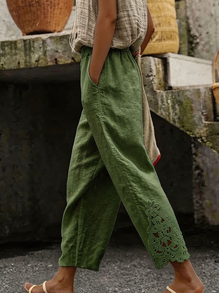 Damen elegante Leinenhose mit Spitzenapplikationen Echo Archiv