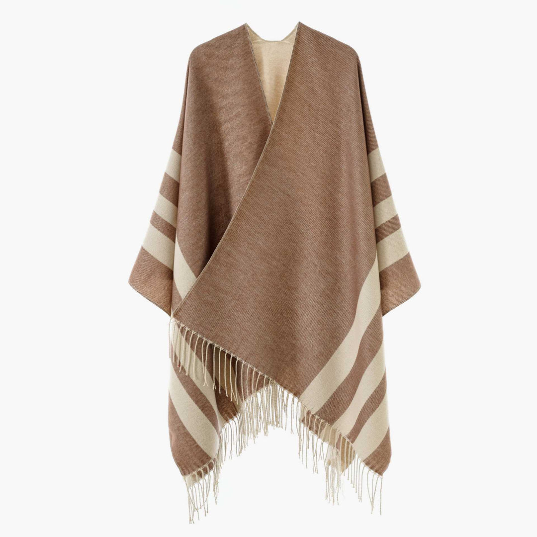 Damen Wendbarer Strickcape-Poncho mit Fransen und kontrastierenden Streifen – Avérine