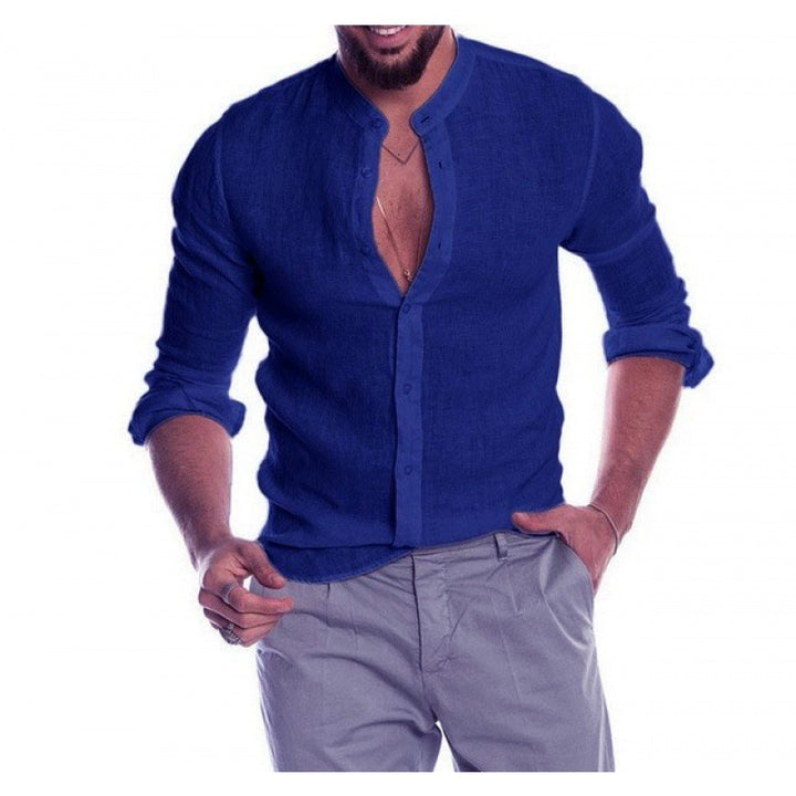Herren Leichtes Leinenhemd mit Stehkragen, Slim-Fit und durchgehender Knopfleiste Echo Archiv