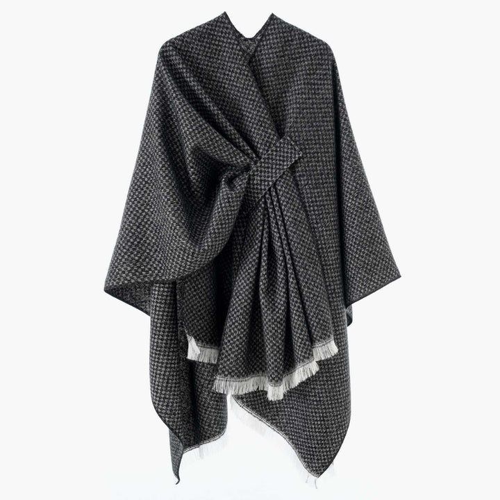 Damen Umlegbarer Wollmix-Poncho mit Hahnentritt-Jacquard und Bindegürtel Echo Archiv