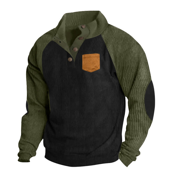 Herren Geripptes Henley‑Pullover mit Raglanärmeln, Ellenbogen‑Patches & Brusttasche – Cavarno