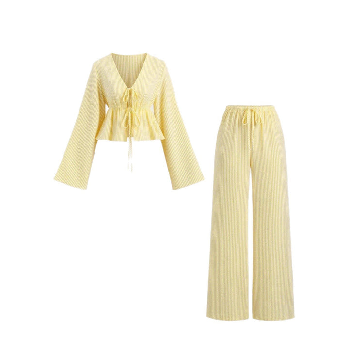 Damen nan gestreiftes Leinenähnliches Homewear-Set mit gerafftem Tunnelzugoberteil und elastischer Bundhose Echo Archiv
