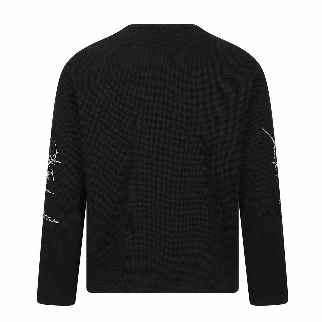 Unisex Waffelstrick-Henley-Langarmshirt mit 3‑Knopfleiste und Allover-Print Echoarchiv
