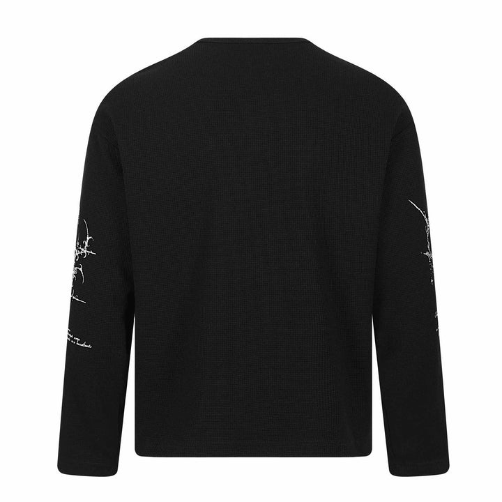 Unisex Waffelstrick-Henley-Langarmshirt mit 3‑Knopfleiste und Allover-Print Echoarchiv