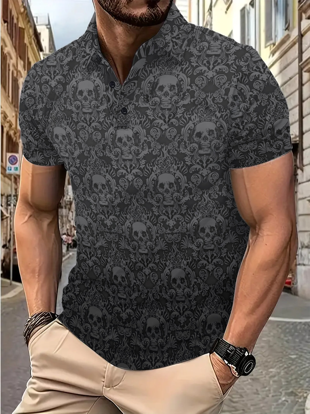 Herren Kurzarm Poloshirt mit einzigartigem Totenkopf-Design und atmungsaktivem Material Echoarchiv