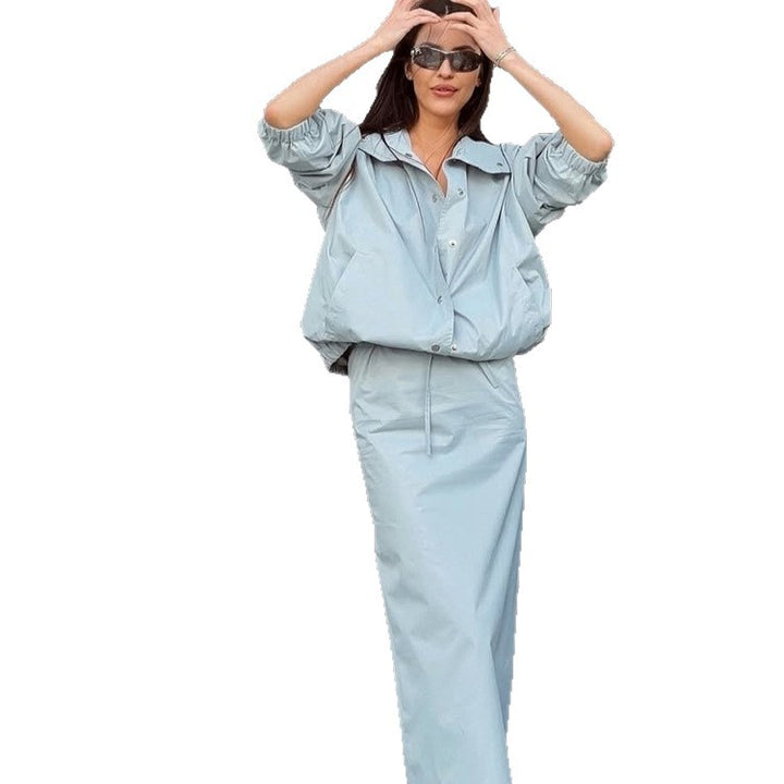 Damen Zweiteiliges Co-Ord-Set aus leichter Windjacke mit Tunnelzug und tailliertem Maxi-Rock Echoarchiv
