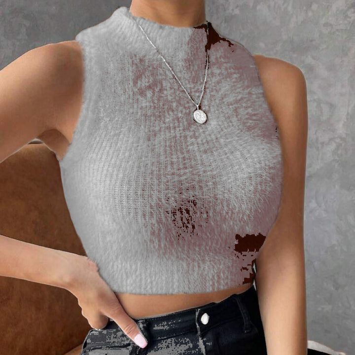 Damen Kurz geschnittenes ärmelloses geripptes Strick-Crop-Top mit Stehkragen – Avérine