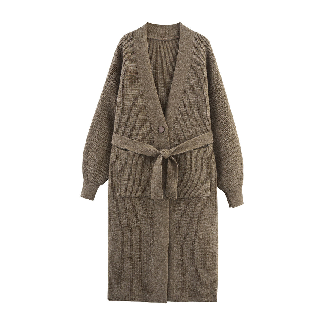 Damen Lange Strickjacke mit Bindegürtel, aufgesetzten Taschen und tiefem V-Ausschnitt Echoarchiv