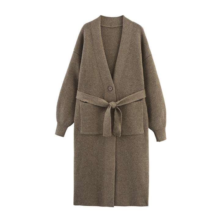 Damen Lange Strickjacke mit Bindegürtel, aufgesetzten Taschen und tiefem V-Ausschnitt Echoarchiv