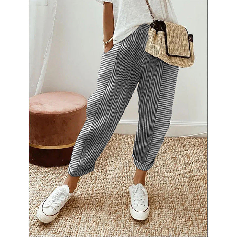 Damen Freizeit Leinenlook Hose mit Streifen, elastischem Bund und Saumabschluss – Avélisse