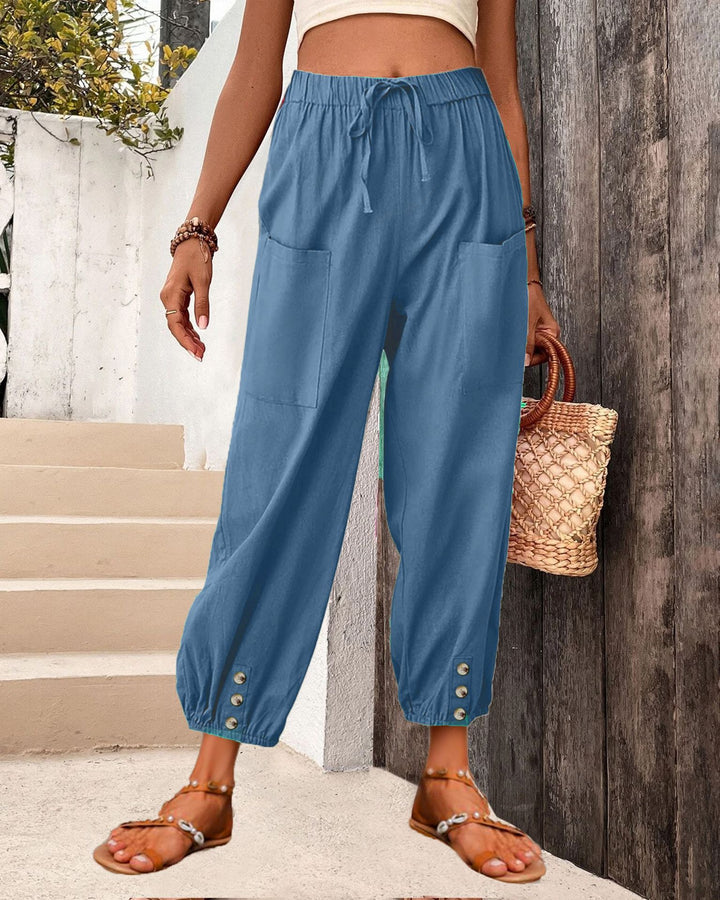 Damen Leinenlook Loungehosen mit hohem elastischem Taillenbund, Kordelzug, aufgesetzten Taschen und geknöpftem Saum – Avélisse