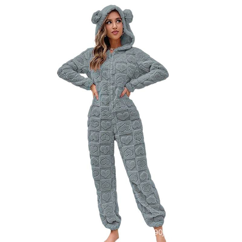 Damen Gemütlicher Fleece-Overall mit Kapuze Echoarchiv