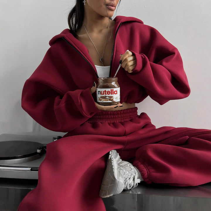 Damen kurzes Oversize-Scuba-Zip-Hoodie mit Tunnelzug und figurformender High-Waist-Jogginghose – Auréline