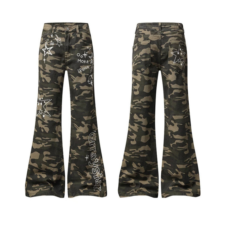 Damen Weite High‑Waist Palazzo‑Jeans im Camouflage‑Print mit Stern‑ und Schriftapplikationen, Schlaghose Echoarchiv