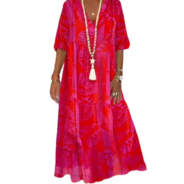 Damen nan Boho-Langkleid mit tiefem V-Ausschnitt, Stufenschnitt und legerer Oversize-Passform Echoarchiv