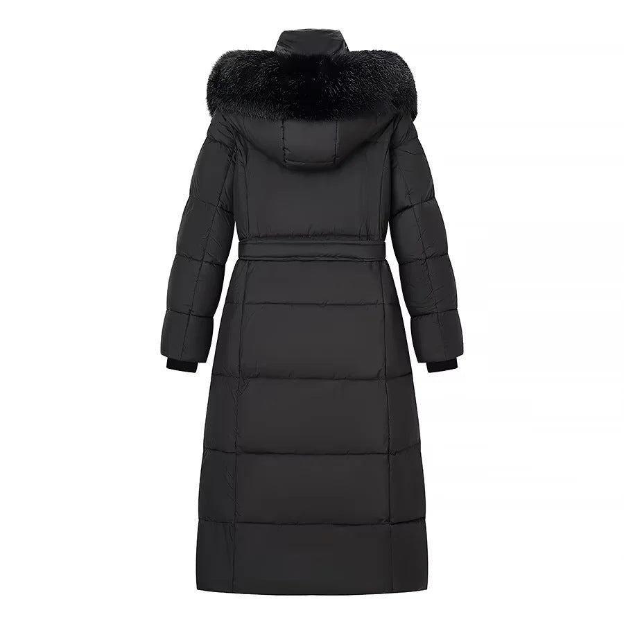 Damen nan lang geschnittener Thermosteppmantel mit separater Innenjacke, Kapuze und Bindegürtel Echo Archiv