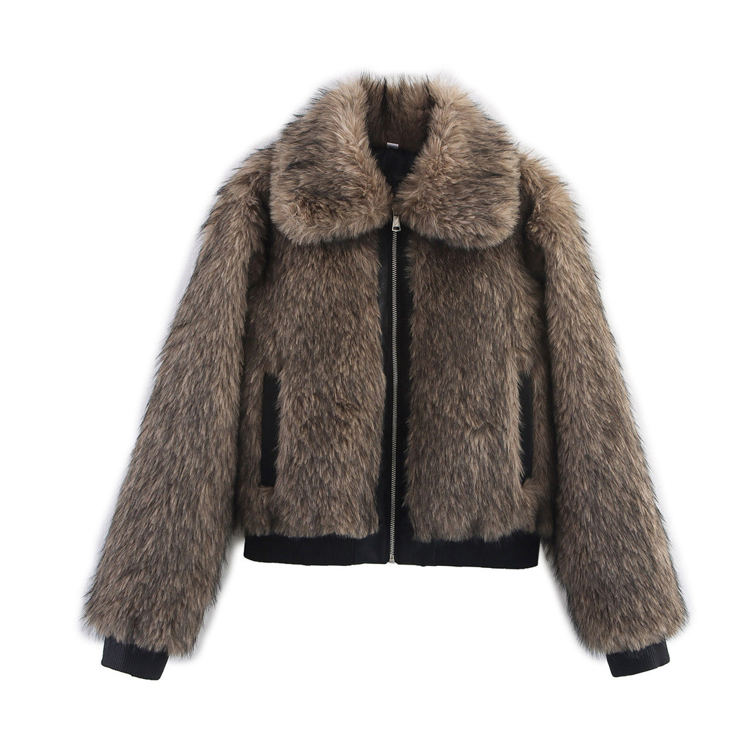Damen kurze Teddy-Bomberjacke mit großem Schalkragen, Reißverschluss und geripptem Saum – Avenza